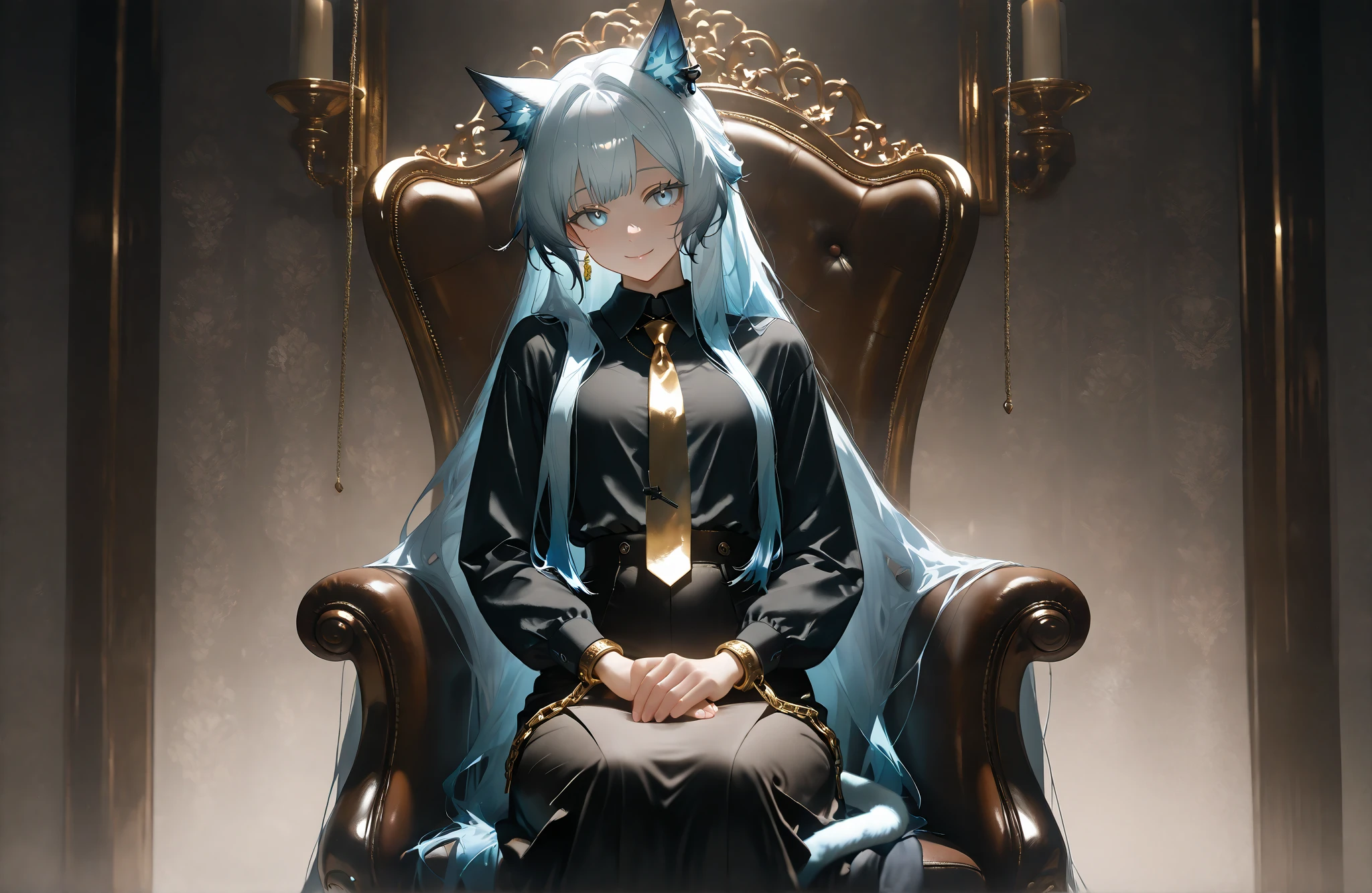 ((Alone)),((alone)),,1female,sitting on a chair,((The entrance to the skyscraper))),Beautiful light,,(face focus:1.5),((((black shirt,Gold tie,,,black long skirt,chain accessory)))),Stylish pose。,(( model pose)),,,((smile)),((rosmontis)),((rosmontis_\(arknights\))), rosmontis_\(arknights\)。 light blue hair color,Cat ears,cat tail。Light Blue Eyes。 flat chest,,, (((hair down))),((super long bangs)),(((straight longhair))),((tall and well-trained body))),,(((earring))),,,,, ,,photorealistic background, best quality, great quality, very beautiful, (masterpiece, best quality, employment:1.1), (like the movie, ambient occlusion :1.3),(illustration for both eyes:1.1),(Perfect Details:1.1), (8k yen, wallpaper,masterpiece,high resolution,top quality,top quality real texture Skin, Surreal,), (increase resolution, rаw photo ,,very well detailed,wallpaper,like the movie lighting,ray tracing getting creampied,golden ratio\),