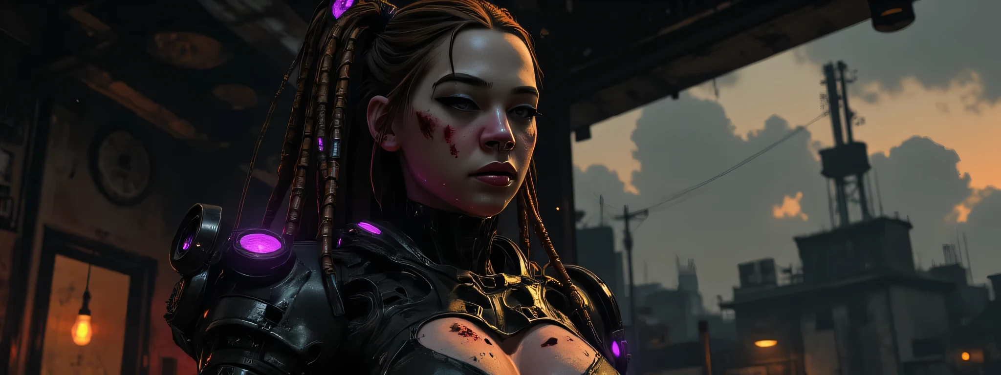 The image depicts a post-apocalyptic and artistic representation of a full body battle android with an intriguing blend of organic and mechanical elements. She is heavily battle damaged, her skin is grimy and bleeding, her armor dented and dirty, leaking hydraulic fluid, almost completely destroyed. Her expression is determined and grim, adding to a sense of power in the image. She has metallic dreadlocks with neon purple lights at the tips. The clothing or armor is composed of crimson red leather and metallic materials that wrap around the body, highlighting the cybernetic theme as well as her figure. It is dusty and smashed and broken, revealing glimpses of skin and under armor. Numerous mechanical accessories, like cylindrical devices and wires and glowing LED lights and gauges, are integrated into the figure's body, enhancing the sci-fi aesthetic. The lighting is very dark, the lights of her armor creating highlights on the reflective surfaces and casting subtle shadows that accentuate the contours and mechanical details. The background is dark, the silhouette of a bombed city in the distant background, creating a quiet yet powerful atmosphere. The shooting angle is elevated, with a sense of depth due to shadow play and the positioning of mechanical elements. The overall composition and technical execution present a seamless blend of organic and technological features, evoking themes of future, integration, and identity. 8k super hd, uhd (full body:2)
