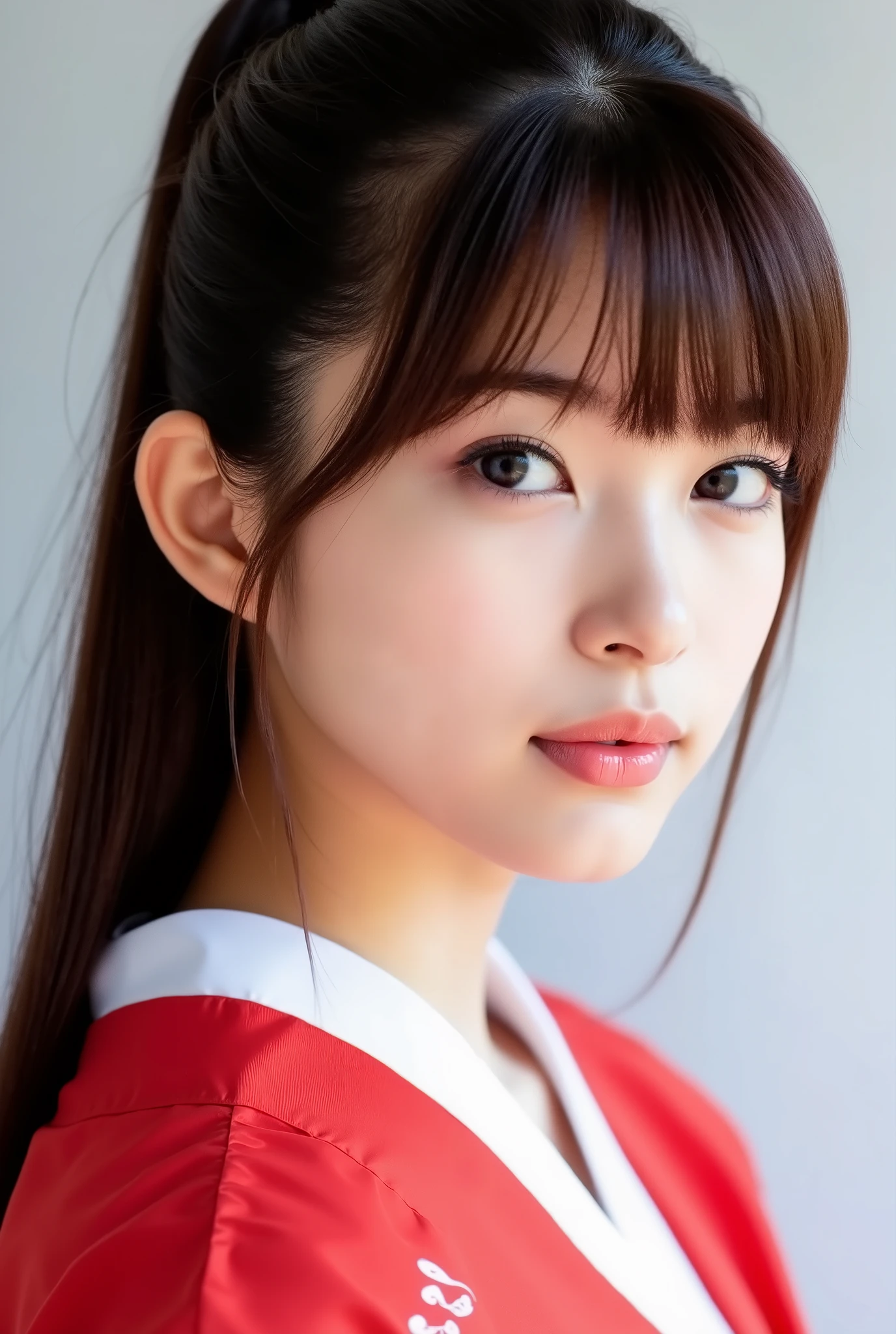 Create a photo collection featuring a beautiful Japanese idol girl with fair skin. She has long straight hair styled in a ponytail with bangs. The theme of the collection should highlight her elegance and charm, particularly in her traditional graduation hakama attire. Capture her purity and grace in each shot.