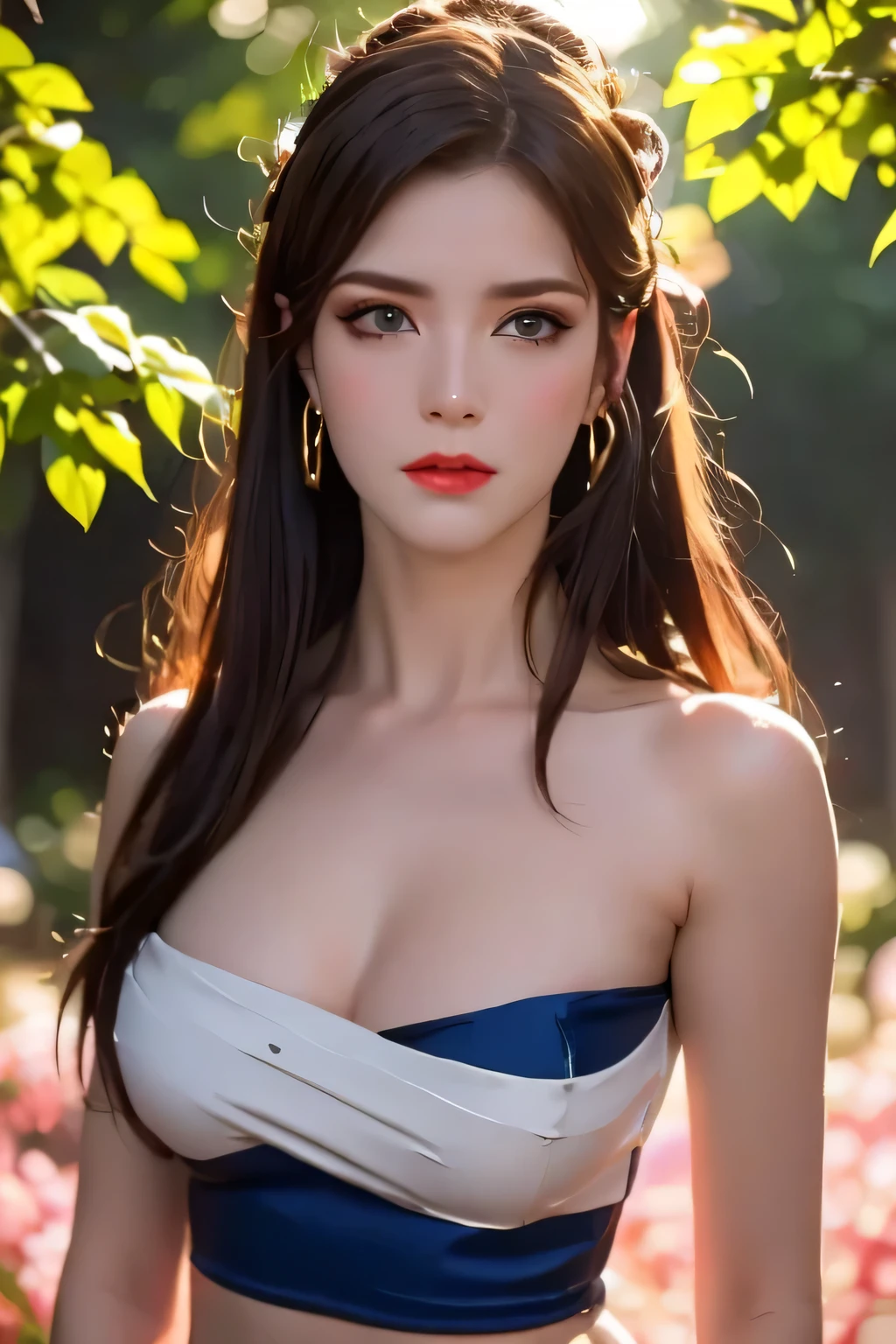 One 20 year old girl, breast 1.1, navel,upper body,bare shoulders,wears red tube top,red skirt, blue gems,shiny skin,hand in own hair,(mature female),milf, beautiful cai lin, deep blue eyes, jet black long hair, 8k resolution high quality,background: around the garden surrounded by Sakura trees with fluttering sakura petals, from head to thighs, hourglass figure, bare round shoulders, exposed midriff, a tilak on her forehead,ornamental logo on her forehead, snake crown, necklace, earings with blue gem, long black hair bangs, pointy ears,golden bracelet,Bright lightening under the sun through sakura canopy. High quality 16k resolution,( HDR :1.5), cinematic look, ultra-detailed,ultra lightening, (photorealistic :1.2), long thin straight eyelashes, dense black eyelashes,sharp eyes, diamond shaped head, straight nose, closed heart shaped lips, lean in pose, front view pose looking at viewer, sexy, strict icy expression