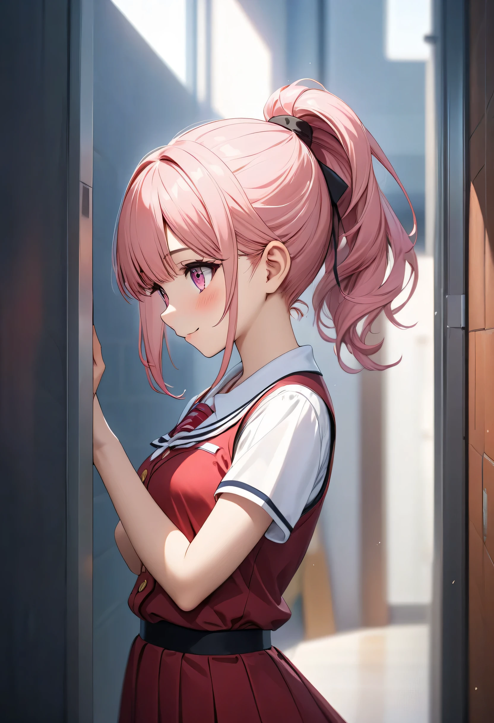 ((Masterpiece, best quality, High resolution, UHD, perfect pixels, depth of field, 4k, RTX, hdr))), 1 girl, single,  , alone,  beautiful anime girl , beautiful artistic style, anime character style hairstyle, ((little smile, childish gaze, long pink hair with a ponytail facing out,)), (Pink eyes, beautiful lashes,), (detailed letter, blush: 1.1), (smooth texture: 0.6, realistic texture: 0.4, photorealistic: 1.1, anime cg style),  beautiful medium breasts, (dynamic angle, foreground, watching the spectator,  light profile or side view ), PERFECT BODY, slim body medium height(Clean fingers, 5 fingers on the hand,  five fingers), Is standing hands on the waist upright position and almost sideways or profile,  (showed:  red vest with yellow buttons , white short sleeve school blouse, white plank miniskirt and behind is the inner wall of a high school corridor)