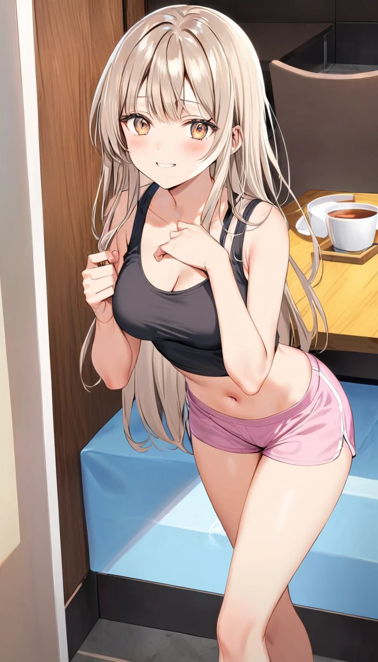 (masterpiece:1.2),(best quality:1.2),(masterpiece, best quality, ultra-high resolution), (1girl),, A girl looks at herself in the mirror with concern and surprise, wearing revealing pajamas: a low-cut top that highlights her figure and tight shorts that hug her thick thighs. Her messy hair and big eyes show the impact of her reflection.