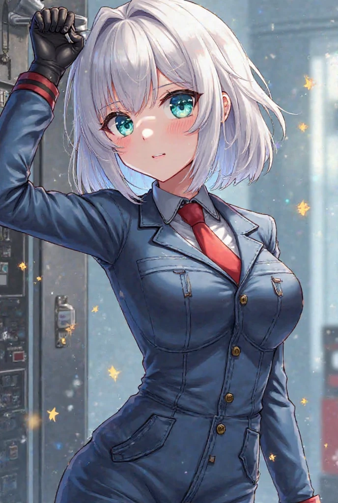 (Best quality, A high resolution, Textured skin, High quality, High details, Extremely detailed CG unity), (female) Enchanted,having fun,Being in love,engineer in fantasy world, hair up style, neat hair, no bangs, black frame glasses, hair decoration, wearing mechanic suit, mature body, female mechanic, solo person,Dazzle, woman, beautiful, (indoors), (in airplane hangar), detailed airplane hangar,