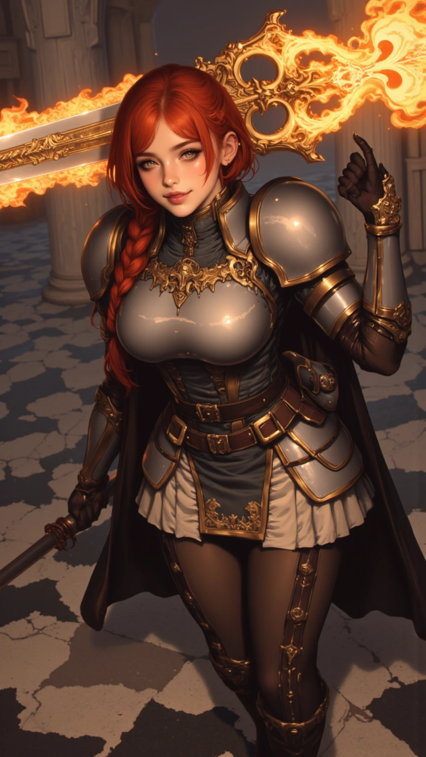 Hilde,red hair,lips,hair over one eye,red eyes,mole under mouth, armor,gauntlets, breastplate,   red coat, solo,  serious, 
upper body,   standing,   cleavage,  cowboy shot,  thighhighs,
european castle, 
(insanely detailed, beautiful detailed face,beautiful detailed eyes, masterpiece, best quality) 
 <lora:Hilde-10v7:0.8>