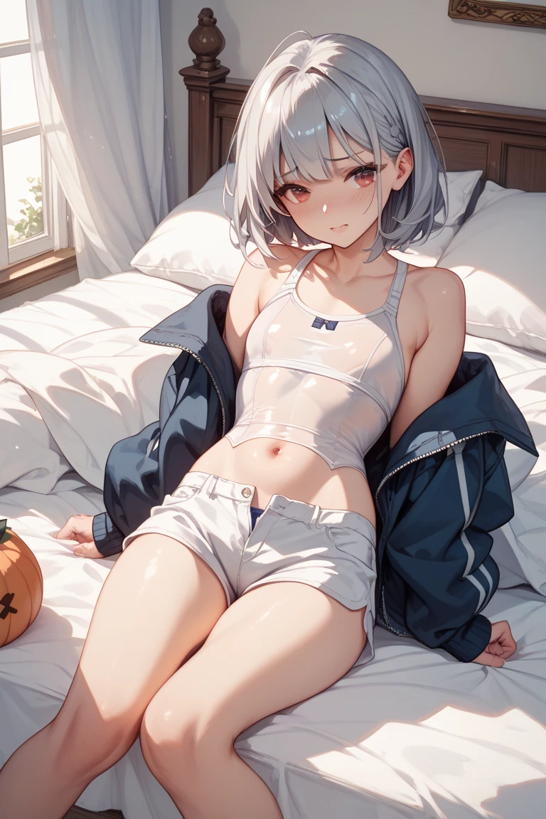 Shy, cute, short haired girl, white transparent underwear, masturbating in bed