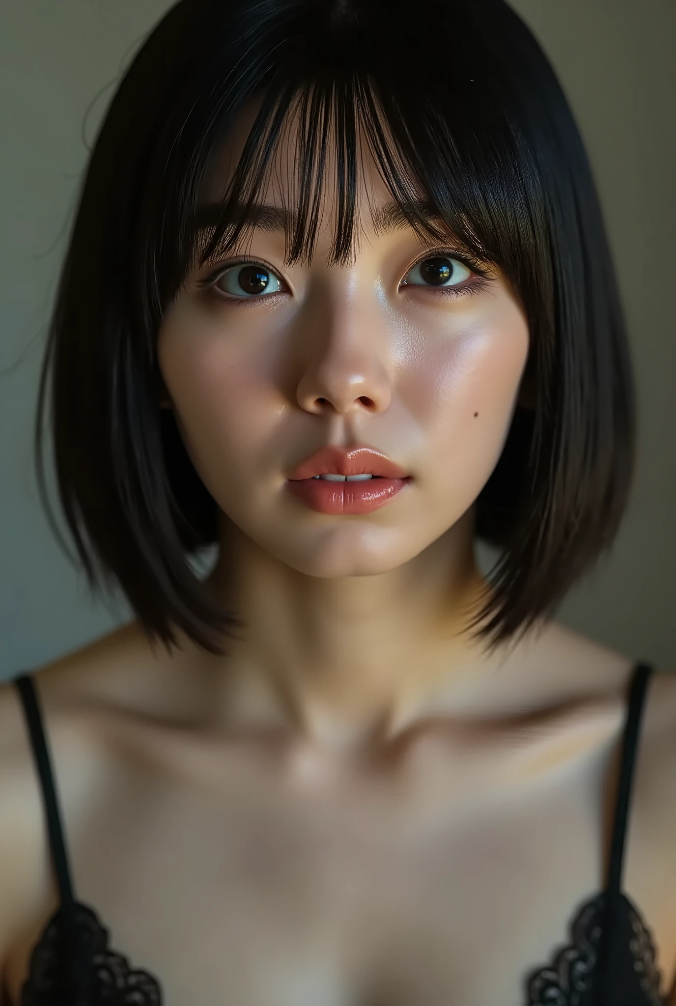 (( Best Quality )), ((masterpiece)), ( details), first-person view ,1 girl, sexy,( Bringing Your Face Closer ),((mouth wide open )),((Big Breasts, underwear, short bob hair)), black hair , (( without makeup, Small eyes))