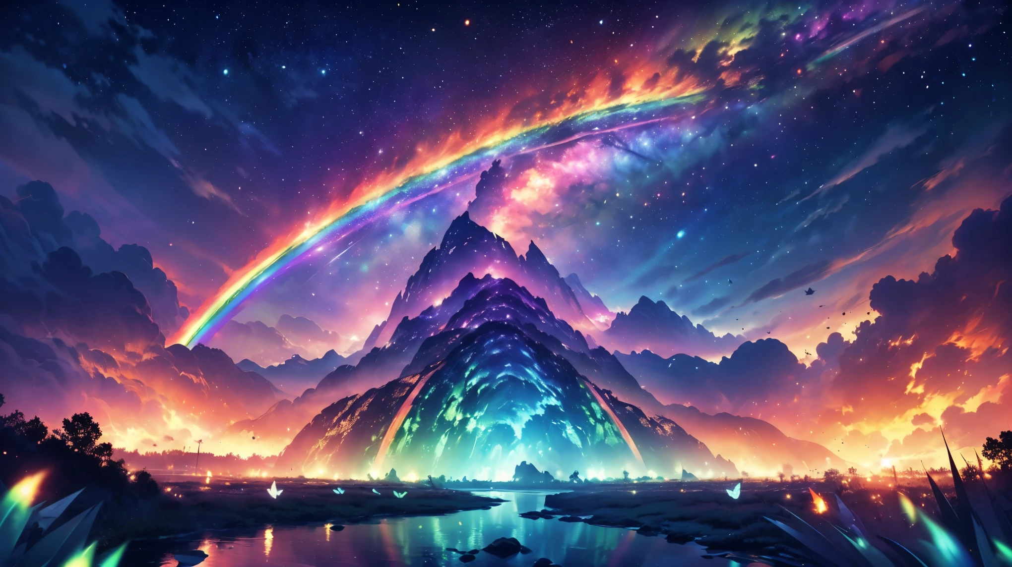 rainbow,超high image quality,high image quality,high quality of wavy lines,Enchanted Mysterious Forest , (Lots of Neon Colored Butterflies),Majestic Atmosphere, Pure blue water river fountain, Golden Mini Fairy, (((emits fluorescent blue, lots of succinants　Agave glows))), Extremely beautiful scenery , (Super Real), {Highly Detailed 8k CG Unit Wallpaper}, (Low Perspective Prioritizing the Overall Scene), (Wide々A view of the field ), (Low Angle Shot),(lowlight), (Warm Light Source : 1.0), Intricate Details, (((Seven colors of the rainbow ))), (bright light that emits bubbles), (Atmosphere lighting), nature, Magically Beautiful Scenery, landscape,((Triple Overlapping Rainbows)),
