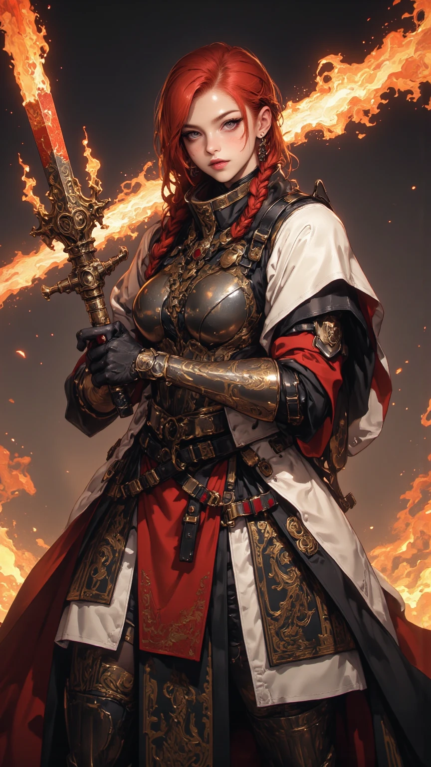 (Bleeding from the head), Professional , masterpiece、top-quality、photos realistic , depth of fields (Gemstone Black Metal Body:1.4),(Matte Black、Toostock、(cleavage of the breast)、((Random Hairstyles 1.5),Dark Fantasy,)explosions、intense fighting、Blood on the face,Blood Rain,Blood fog(blood splattere:1.9),Dragon Gold Weapon,Mystical expression、Particles of light、Fight dragons、(Dragon Metal Body:1.4),Gorgeous Silver Weapons ,(( Dragon's dense and gorgeous sword)) , Beautiful knife ,warhammer 40k , adepta sororitas,Detail and gorgeous crown、((Red hair))、(Castle background)、、((Gangle's forest background))、Beautiful Caucasian beauty、1a person、dynamic ungle,(((Detailed and ornate Black Devil Crown)))、Smaller head、A smile、Castle background、Thin and beautiful female hands、cleavage of the breast、Soldier in iron armor on background、Mystical expression、Light Effects、intense fighting、Wind-effect、magic circles、With the legendary magic wand、(demonic wings)、