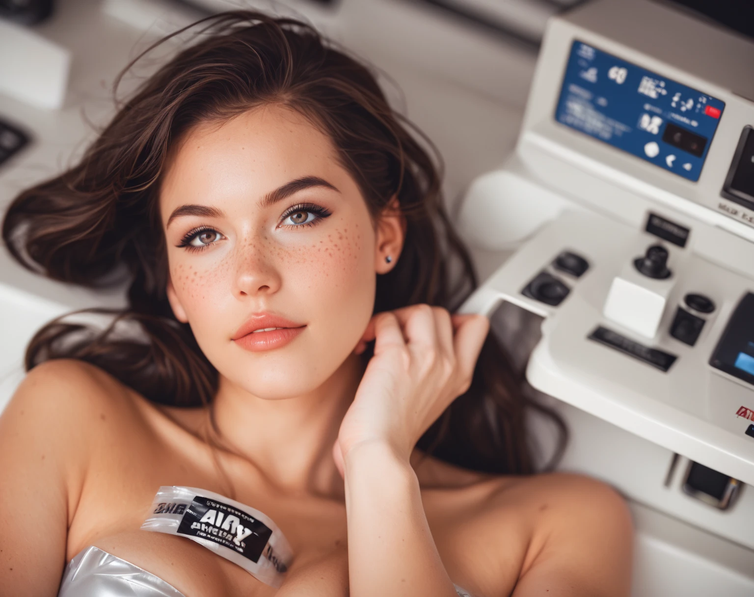 a pink bikini lying on a bed next to a machine that says “gender change device”
