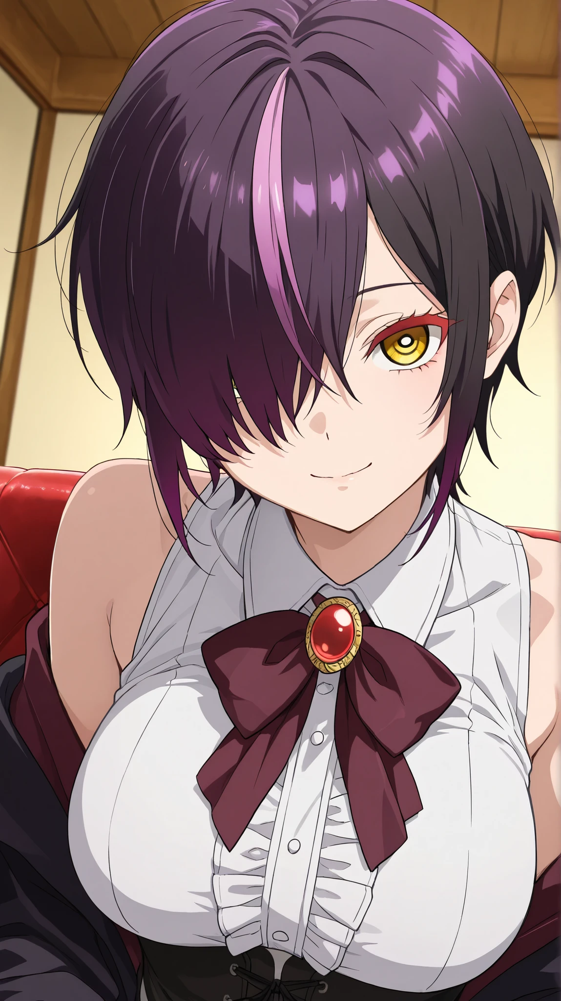 nihiro ,ishura
High quality , best quality , masterpiece, High Resolution , anatomically correct,anime Coloring
Detailed hair color(LoRA:nihilo), Detailed Hairstyle(LoRA:nihilo)
1girl,solo, Cool woman, adult
, black hair, purple hair, streaked hair (hair over one eye ,purple hair,),hair over one eye, yellow eyes, red eyelashes, short hair, breasts
, white collared shirt(sleeveless, center frills, off shoulder), black open coat, wine bowtie, black corset, red brooch,
looking at viewer , close-up,
, Japanese-style room,on the sofa
, lying,
, expressionless, cruel smile, circle pupils