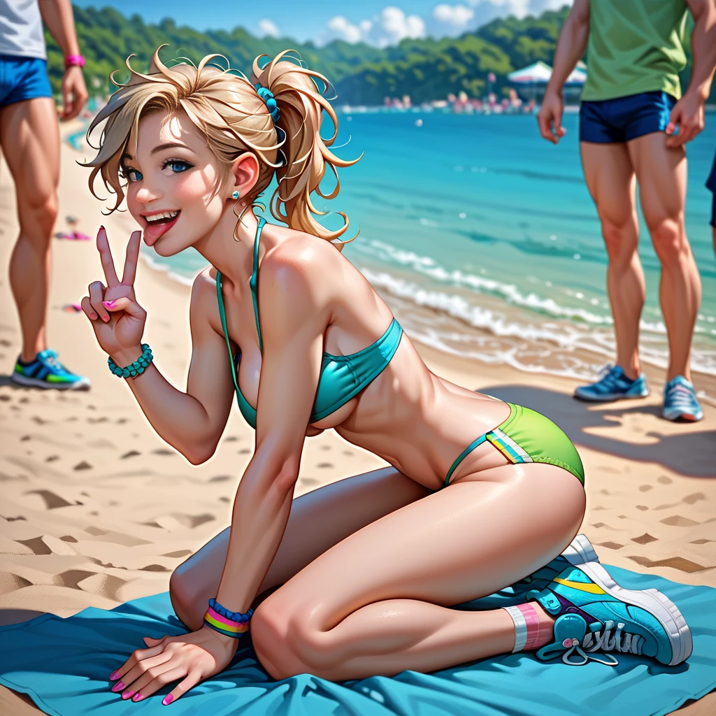 Score_9, Score_8_up, Score_7_up, Ri_ley2, doggystyle, beginner, string micro green bikini, A stunning, intricate full-color, full body view, side view, perfectly detailed, masterpiece, image of adult Riley Anderson kneeling on hands and knees ass up, at a crowded beach, 8K UHD. The image is done with extreme sharp focus, and studio lighting. sexy, skinny, messy blond hair, ponytail, blue eyes, seductive, tongue out, happy, alluring, attractive, proud of her body, peace sign, underboob, sideboob, cleavage, flirting