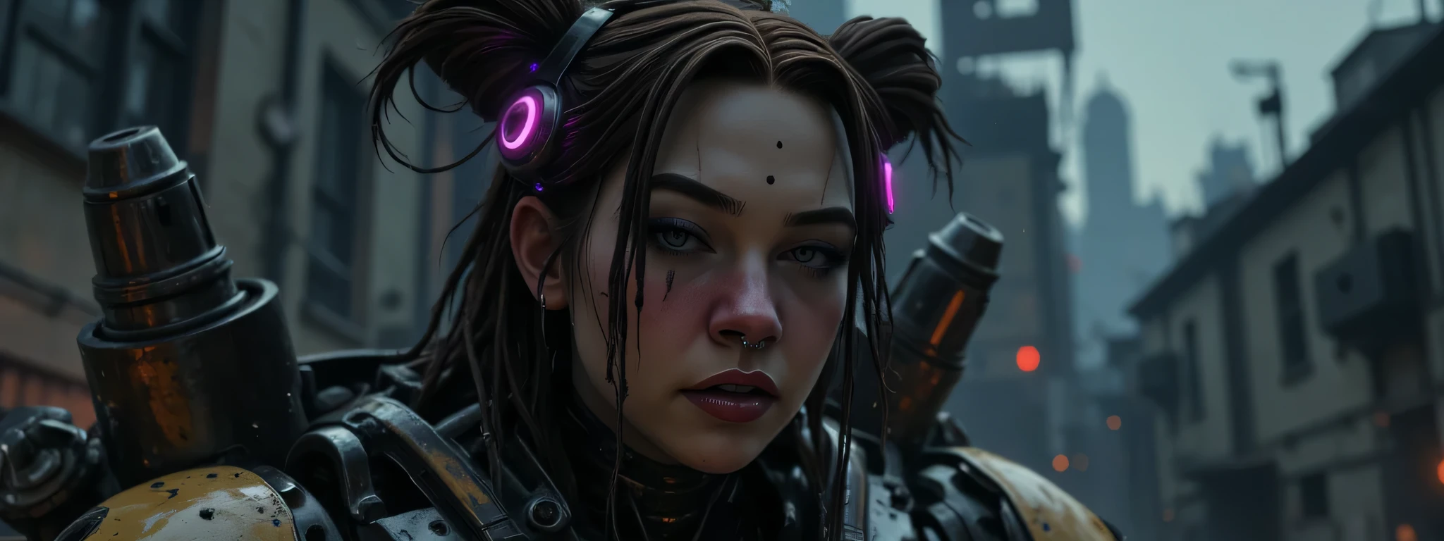The image depicts a post-apocalyptic and artistic representation of a full body battle android with an intriguing blend of organic and mechanical elements. She is heavily battle damaged, her skin is grimy and bleeding, her armor dented and dirty, leaking hydraulic fluid, almost completely destroyed. Her expression is determined and grim, adding to a sense of power in the image. She has metallic dreadlocks with neon purple lights at the tips. The clothing or armor is composed of crimson red leather and metallic materials that wrap around the body, highlighting the cybernetic theme as well as her figure. It is dusty and smashed and broken, revealing glimpses of skin and under armor. Numerous mechanical accessories, like cylindrical devices and wires and glowing LED lights and gauges, are integrated into the figure's body, enhancing the sci-fi aesthetic. The lighting is very dark, the lights of her armor creating highlights on the reflective surfaces and casting subtle shadows that accentuate the contours and mechanical details. The background is dark, the silhouette of a bombed city in the distant background, creating a quiet yet powerful atmosphere. The shooting angle is elevated, with a sense of depth due to shadow play and the positioning of mechanical elements. The overall composition and technical execution present a seamless blend of organic and technological features, evoking themes of future, integration, and identity. 8k super hd, uhd (full body:2)