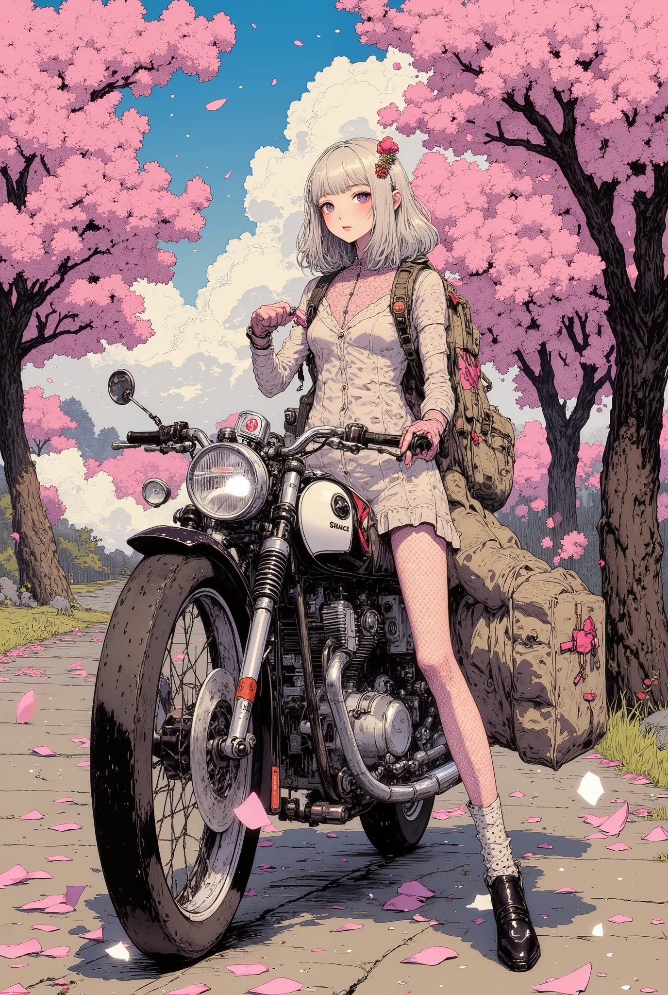 (((dramatic angle))), A girl straddling a classic motorcycle, looking back at me, smiling and waving, Cherry Blossom Tree-Lined Path, spring, cherry blossom tree, blue sky, (petals:1.8), wind, (Wind tunnel of many cherry petals : 1.8), Motorcycle tail lamp clearly, big backpack, Luxurious Fabrics, Details, full color illustrations, ((anatomically accurate)), masterpiece, best quality, (High Definition, masterpiece, Accurate, top quality, High Definition model, high detail, (((The textures are soft))), ((matte and toy-like with a handmade premium look)), (((Tim Burton style))), soft silver medium length hair, beautiful detailed, beautiful hair,