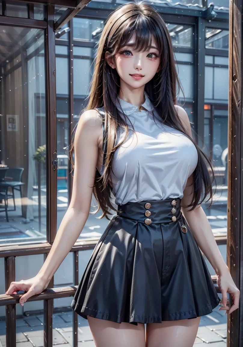 top-quality、masterpiece、超A high resolution、(Photorealsitic:1.4)、Raw foto、1 girl in、a blond、full body Esbian、large full breasts、Ultra exposed cleavage、erotick、Erotic look、gargantilha、二重まぶた、Loose and fluffy perm、semi long hair、student clothes、a miniskirt、JK Ribbon、Thin, Skinny clothes、Smiling smile