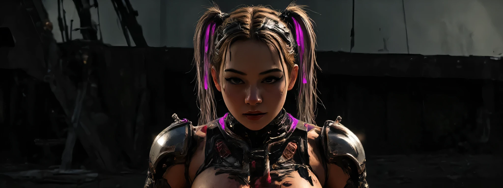 The image depicts a post-apocalyptic and artistic representation of a full body battle android with an intriguing blend of organic and mechanical elements. She is heavily battle damaged, her skin is grimy and bleeding, her armor dented and dirty, leaking hydraulic fluid, almost completely destroyed. Her expression is determined and grim, adding to a sense of power in the image. She has metallic dreadlocks with neon purple lights at the tips. The clothing or armor is composed of crimson red leather and metallic materials that wrap around the body, highlighting the cybernetic theme as well as her figure. It is dusty and smashed and broken, revealing glimpses of skin and under armor. Numerous mechanical accessories, like cylindrical devices and wires and glowing LED lights and gauges, are integrated into the figure's body, enhancing the sci-fi aesthetic. The lighting is very dark, the lights of her armor creating highlights on the reflective surfaces and casting subtle shadows that accentuate the contours and mechanical details. The background is dark, the silhouette of a bombed city in the distant background, creating a quiet yet powerful atmosphere. The shooting angle is elevated, with a sense of depth due to shadow play and the positioning of mechanical elements. The overall composition and technical execution present a seamless blend of organic and technological features, evoking themes of future, integration, and identity. 8k super hd, uhd (full body:2)