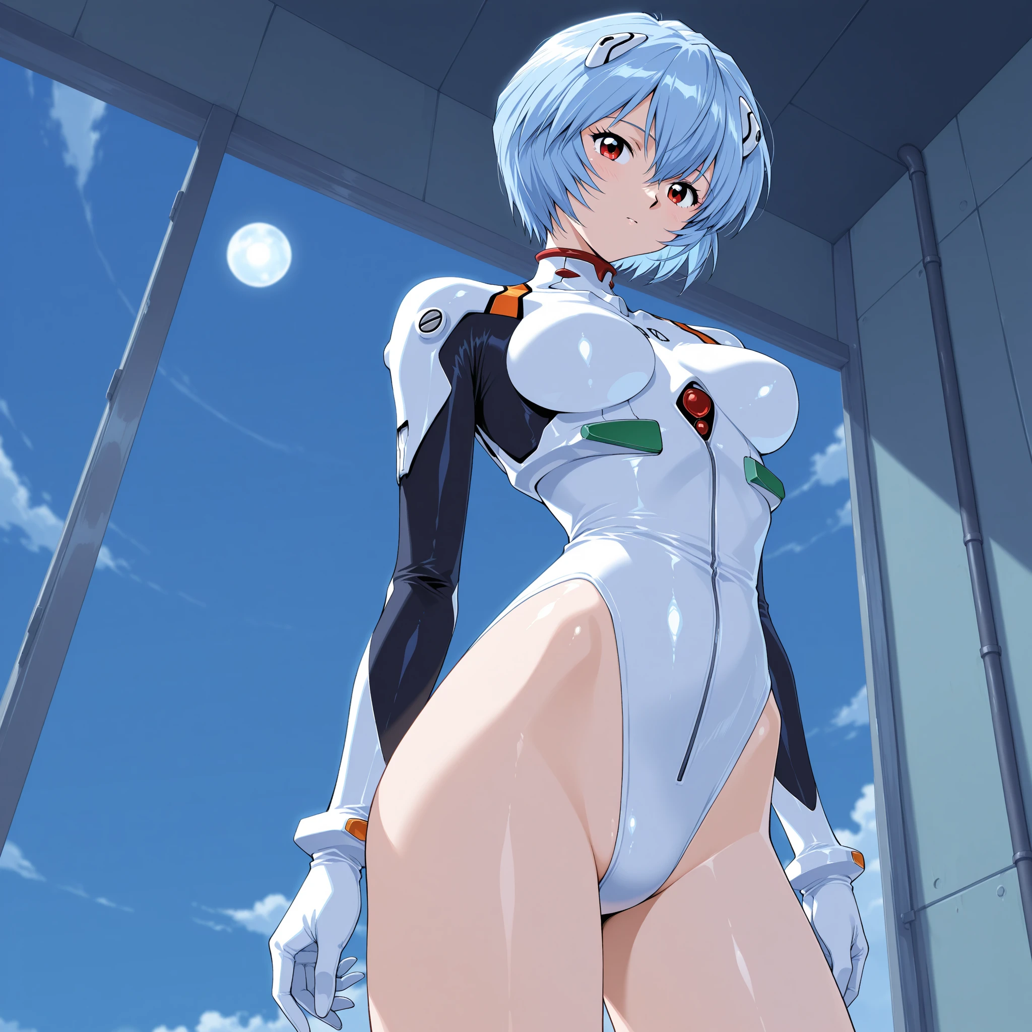 (((Ayanami Rei))),One Girl,alone,(Tabletop,Highest quality, Official Art, beautifully、aesthetic:1.2),(Ultra-high resolution, (4K), (Photon Mapping, Radio City, Physically Based Rendering,Auto White Balance), sense of technology,wonderful,Sharp focus,Rich background, (((Skin with attention to detail,)))Dynamic Lighting,Intricate and elaborate costumes,cute,Watery eye,((short hair,))Expressionless, skin, turtleneck, Bodysuits, Mecha,(Masterpiece Sidelight),(Beautiful girl,shine),(Sky blue hair,Pink Eyes,）[[Delicate fingers and hands:0.55]::0.85],(Finger details),(Kneel on the ground), The 20th,((universe:1.4),gun,(Shooting location:1.3),