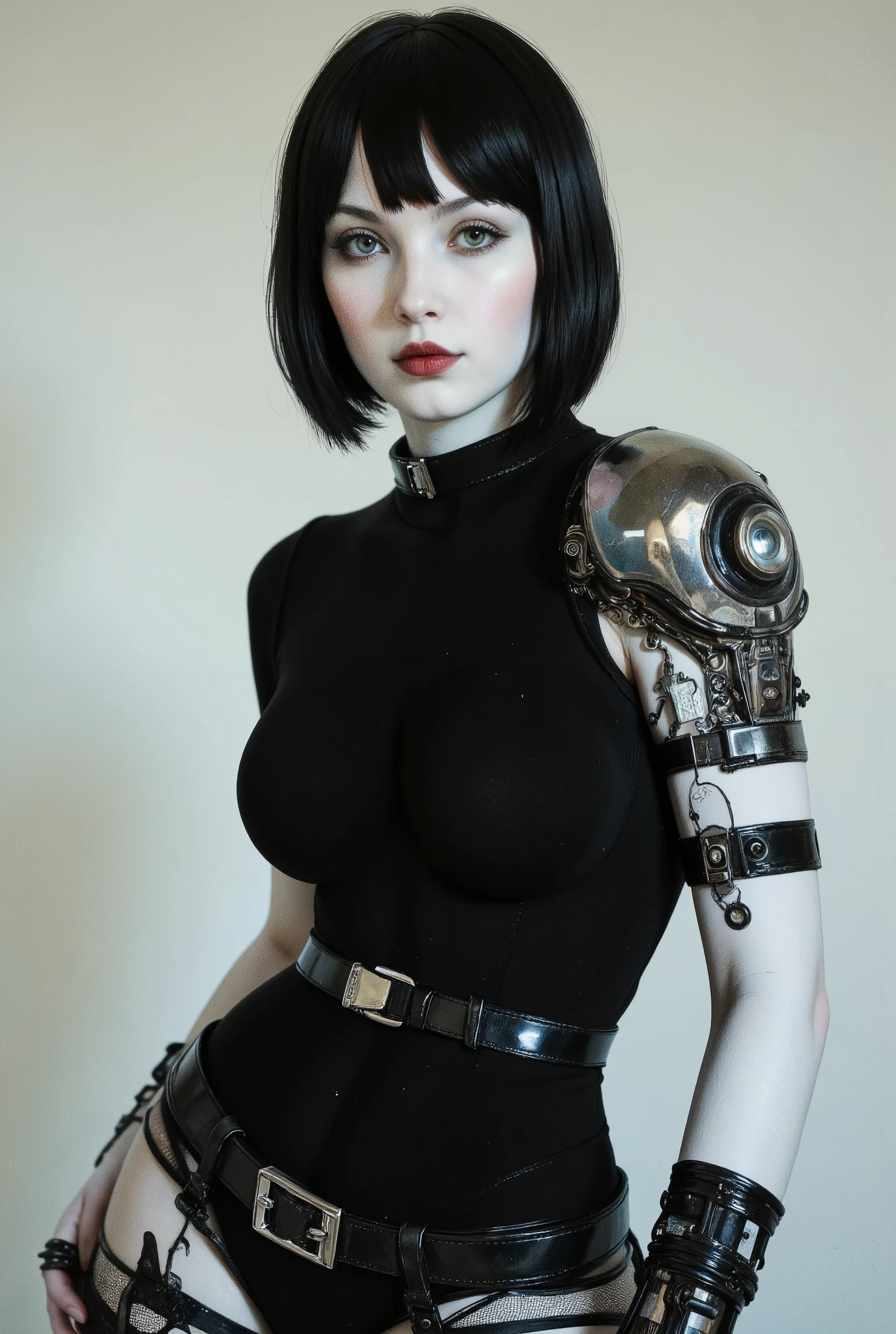 Sexy fembot, white porcelain skin, glossy skin, green eyes, red lips, eyeshadow, eyeliner, black wig, black cotton turtleneck piercing gaze fixed straight into the lens. Fembot is very feminine and alluring but also cruel, sadistic and dominating, as she's function is being dominatrix.