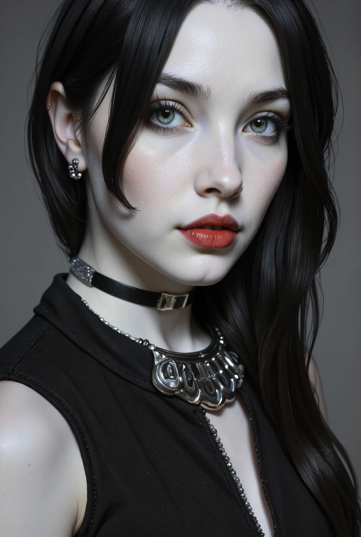 Sexy fembot, white porcelain skin, glossy skin, green eyes, red lips, eyeshadow, eyeliner, black wig, black cotton turtleneck piercing gaze fixed straight into the lens. Fembot is very feminine and alluring but also cruel, sadistic and dominating, as she's function is being dominatrix.