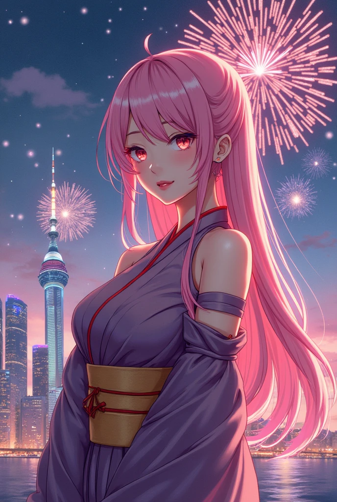 portrait,landscape,painting,illustration,yae miko, sleeves separated, strapless, (sideboob:1.45), pink hair, long hair, Japanese clothing,festive atmosphere,grand fireworks display in the night sky,sparkling fireworks,mesmerizing colors,romantic ambiance,futuristic skyscrapers,tall buildings,reaching towards the sky,glowing neon lights,amazing architectural design,twinkling stars,celebration of the new year,overwhelming sense of excitement,magical moment,inspiring and artistic composition. best quality,4k,8k,highres,masterpiece:1.2,ultra-detailed,realistic:1.37,