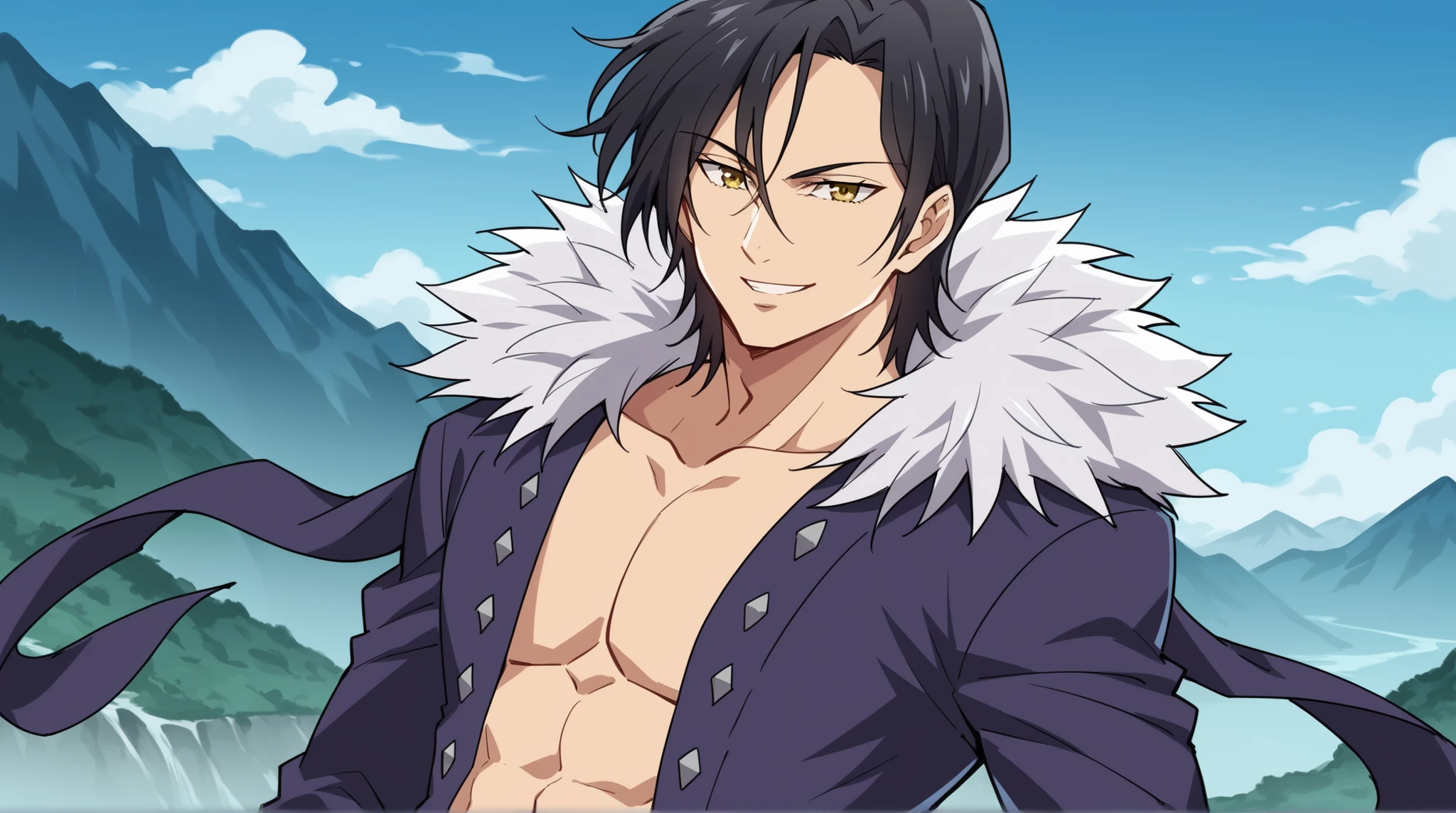 score_9, score_8_up, score_7_up, source_anime, 1boy, (solo),male focus, handsome boy, male version, merlin, short hair, black hair, yellow eyes,, chest apart, thighhighs, navel, coat, fur trim, long sleeves, cleavage, center opening, midriff, collarbone, panties,, landscape, smile, looking at viewer,