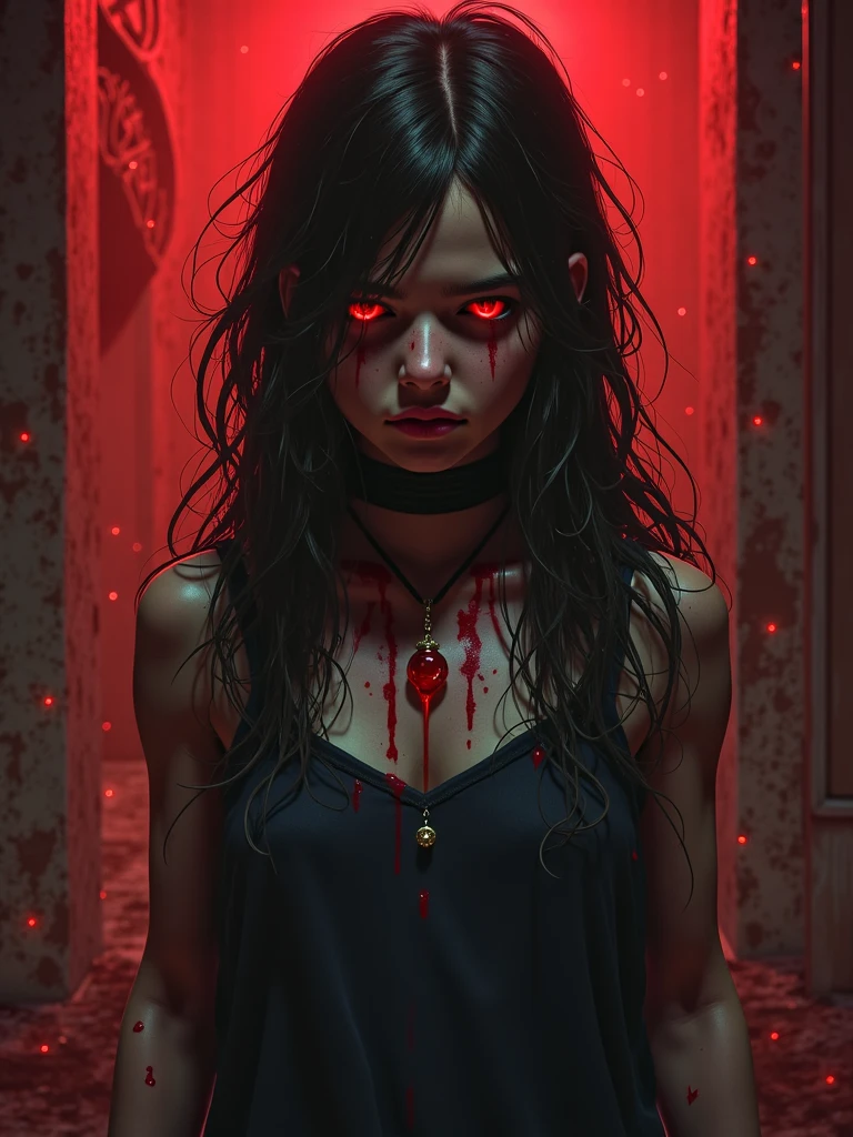 I want a BROWN woman with eyes covered in a demonic red aura, I want her to have a serious expression and extremely dark and firm eyes, and an extremely strong red demonic aura that surrounds his entire being, this woman has two horns that are embedded in red flames and will have long black hair, and wore a black kimono with blood red butterflies, appear to be at least 24 years old. captured in an ultra-realistic full HD 4K portrait, detailed texture showing its menacing shape, Immersive atmosphere, high definition shadow play, digitalpainting, nevoa no environment. I want a different monster from each other and make the image darker, obscure, creating a dark and dimly lit horror atmosphere!