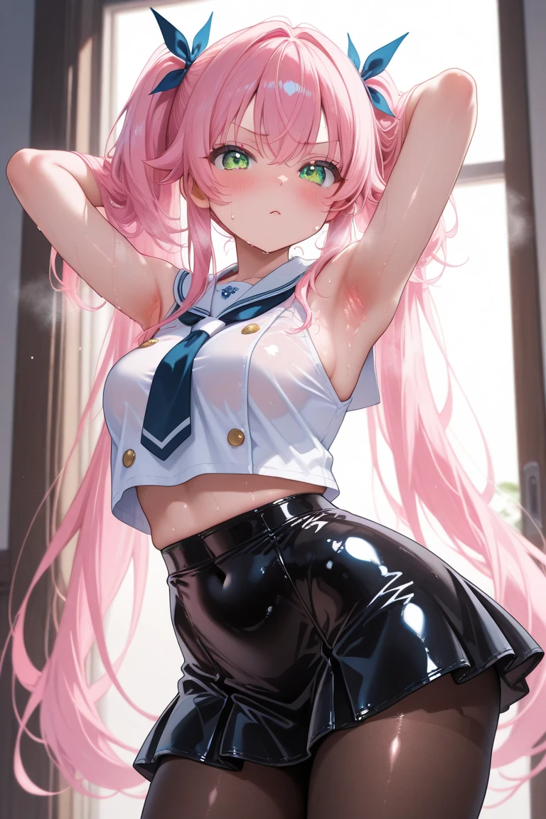 Ultra-high resolution, super high quality, nude, Pink Hair, Long Hair , Pink eyes, Cat ear, Tongue out, Spread your legs, Spread your legs, Sexy pose, Ecstasy, blush, side, sideを見せる, Belly button, Belly button, One girl, shirt, Pink tie