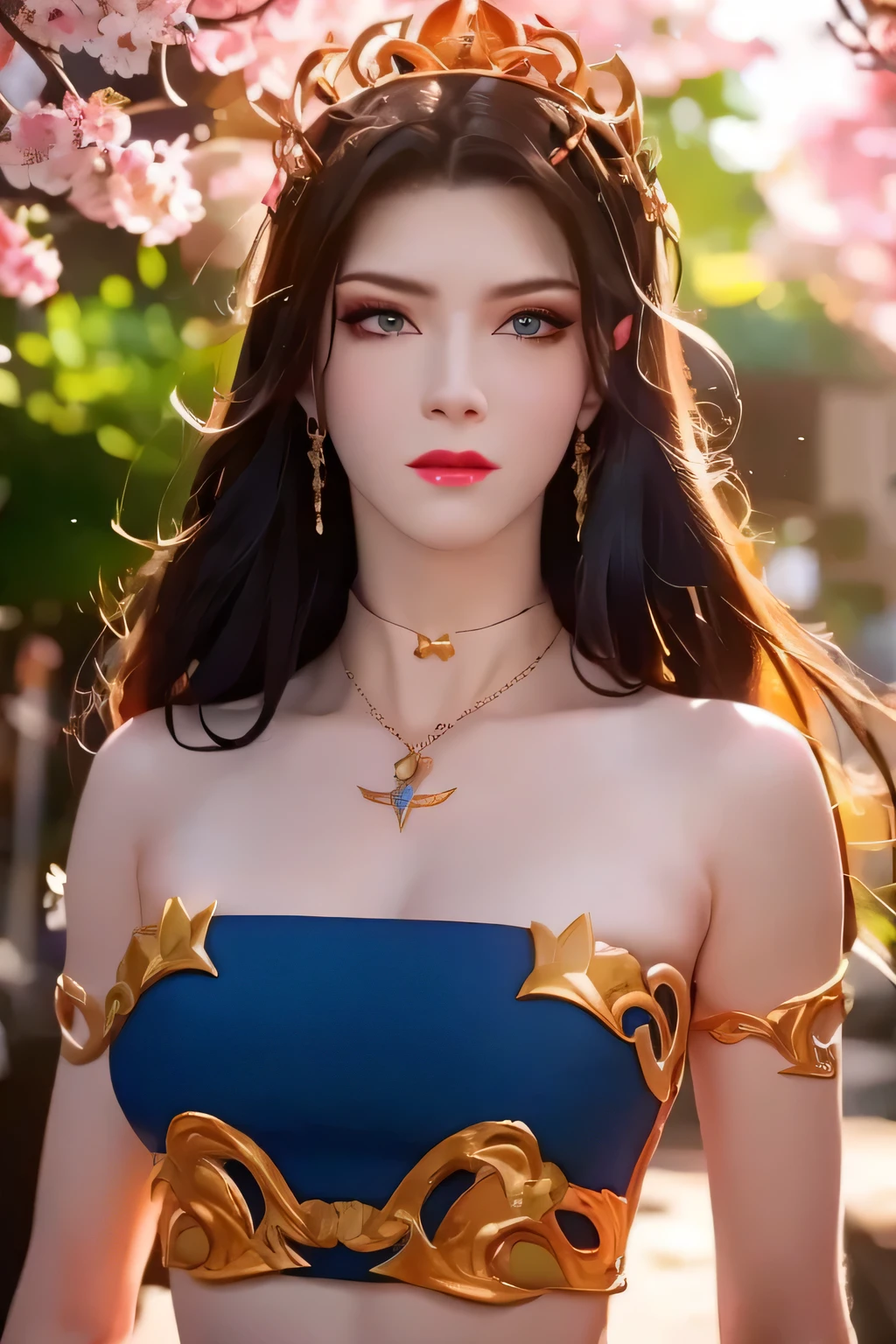 One 20 year old girl, breast 1.1, navel,upper body,bare shoulders,wears red tube top,red skirt, blue gems,shiny skin,hand in own hair,(mature female),milf, beautiful cai lin, deep blue eyes, jet black long hair, 8k resolution high quality,background: around the garden surrounded by Sakura trees with fluttering sakura petals, from head to thighs, hourglass figure, bare round shoulders, exposed midriff, a tilak on her forehead,ornamental logo on her forehead, snake crown, necklace, earings with blue gem, long black hair bangs, pointy ears,golden bracelet,Bright lightening under the sun through sakura canopy. High quality 16k resolution,( HDR :1.5), cinematic look, ultra-detailed,ultra lightening, (photorealistic :1.2), long thin straight eyelashes, dense black eyelashes,sharp eyes, diamond shaped head, straight nose, closed heart shaped lips, lean in pose, front view pose looking at viewer, sexy, strict icy expression