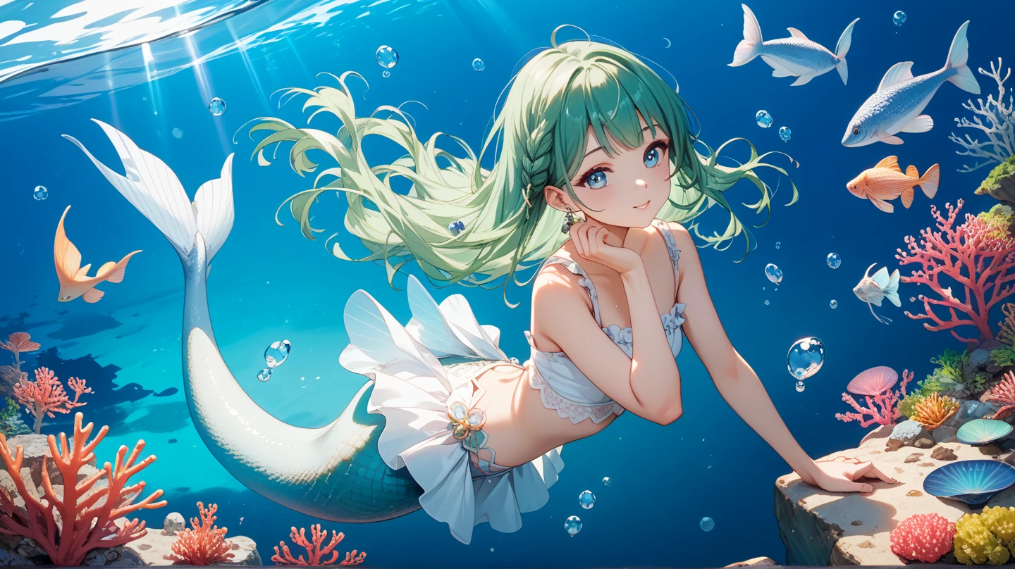 cute 6 year old mermaid with mint green hair bind in two braids in the ocean below the surface swimming with a dolphin in the sunlight, sun is shining, wears a turquois glittery mermaid bra, beautiful mermaid, beautiful detailed human face, alluring eyes, elaborated mermaid mint green turquois tail, serene, masterpiece, full body shot, highres, high resolution, high quality, intricate details, extremely detailed, incredible details, full colored, complex details, insanely detailed and intricate, extremely detailed with rich colors. masterpiece, best quality, HDR, UHD, unreal engine, High quality, gorgeous, glamorous, 8k, super detail, gorgeous light and shadow, detailed decoration, detailed lines, glittery, fantasy, pretty colors, anime style