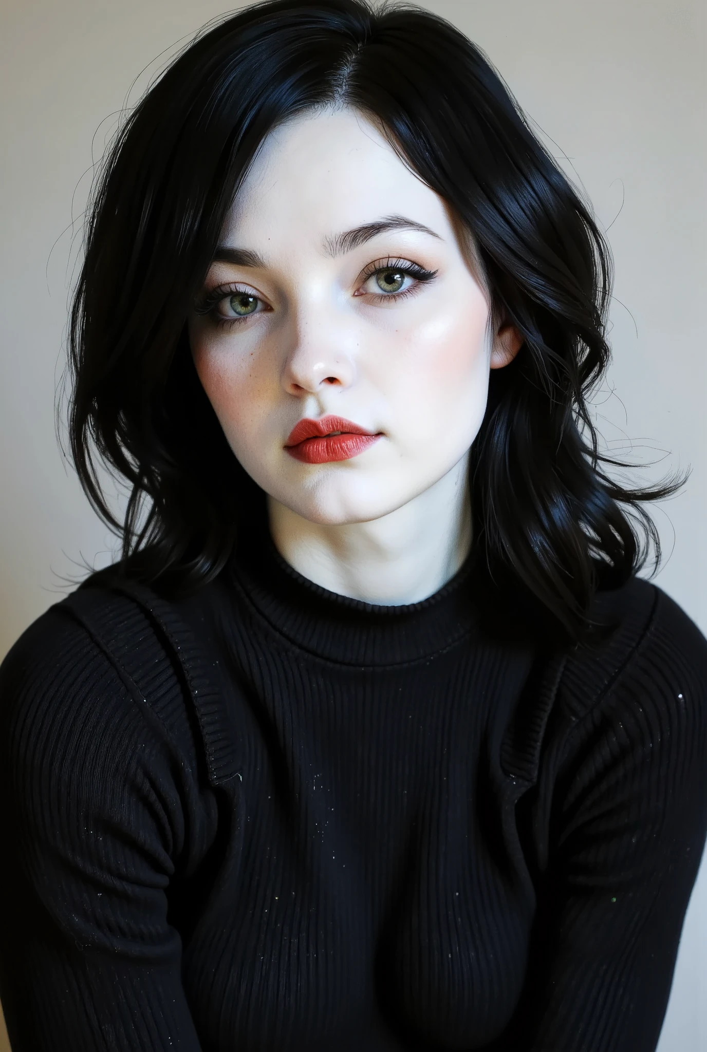 Sexy fembot, white porcelain skin, glossy skin, green eyes, red lips, eyeshadow, eyeliner, black wig, black cotton turtleneck piercing gaze fixed straight into the lens. Fembot is very feminine and alluring but also cruel, sadistic and dominating, as she's function is being dominatrix.
