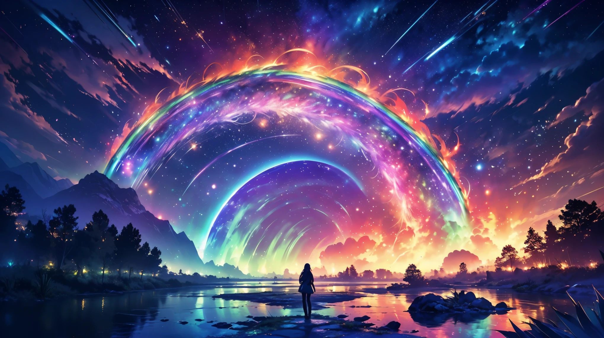 rainbow,超high image quality,high image quality,high quality of wavy lines,Enchanted Mysterious Forest , (Lots of Neon Colored Butterflies),Majestic Atmosphere, Pure blue water river fountain, Golden Mini Fairy, (((emits fluorescent blue, lots of succinants Agave glows))), Extremely beautiful scenery , (Super Real), {Highly Detailed 8k CG Unit Wallpaper}, (Low Perspective Prioritizing the Overall Scene), (Wide々A view of the field ), (Low Angle Shot),(lowlight), (Warm Light Source : 1.0), Intricate Details, (((Seven colors of the rainbow ))), (bright light that emits bubbles), (Atmosphere lighting), nature, Magically Beautiful Scenery, landscape,((Triple Overlapping Rainbows)),