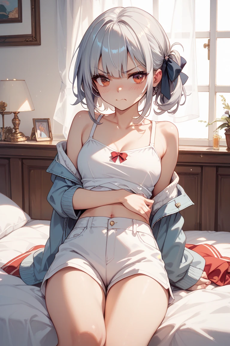 Short milky white hair,yellow eyes,lovely expression,a shy expression, white school top,Red fluffy skirt,blackstockings,naked navel and shoulders, Lie down on the soft bed, ((hand on groin)), legs open up, legs propped up in the air,tilt your head,baki,Open your little mouth, point of view from above, fully body ((sweat))