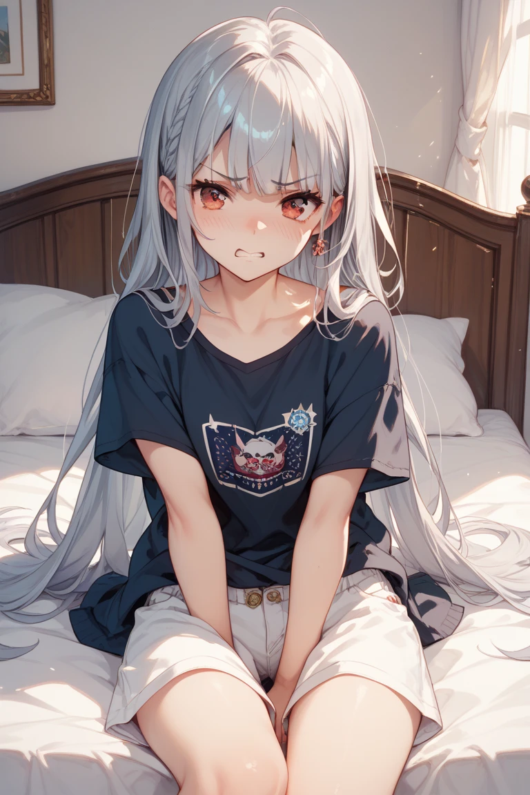 1 girl,Highest image quality,alone,gray hair,like snow white,blue eyes, white skin,Sleepiness,long hair,half sleepy,,wet with water,baby doll,Under pants,On bedding,On your back,lie down,tits,,small