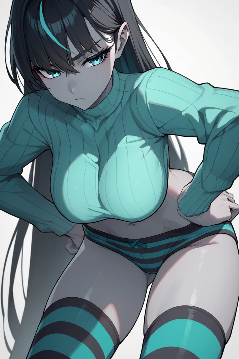 1 girl, detailed blue eyes, lange wimpern, detailed beautiful face, Long black full hair, schwarze haare, improvisierter Knebel, (Klebebandknebel:1.5), GEKNEBELT, Klebeband, festgebunden, (Arms behind the back:1.4), gefesselte Arme, black Mini skirt, black crop top, blushing, Tape gag, stehend in einem Schlafzimmer, Standing in Front of a bed, (Big boobs:1.1)