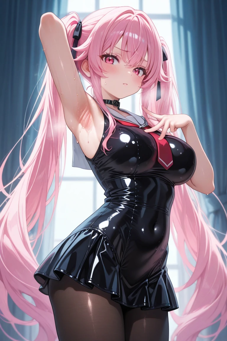 masterpiece, best quality, highly detailed, high resolution, expensive resolution, high resolution, 4K, 8k, uniform 8k wallpaper, highly detailed CG, masterpiece, 2D, 3D, beautiful details, depth, fine texture, best quality: 1.3, perfectly focused, crispy. skin, him, very cute anime girl, idol, princess dress, mini skirt, big breasts, pink medium long hair wearing expensive, mole under eye, looking at the viewer, expensive, blush, mole, parted lips, pink eyes, heart shaped choker smiling, microphone, stage