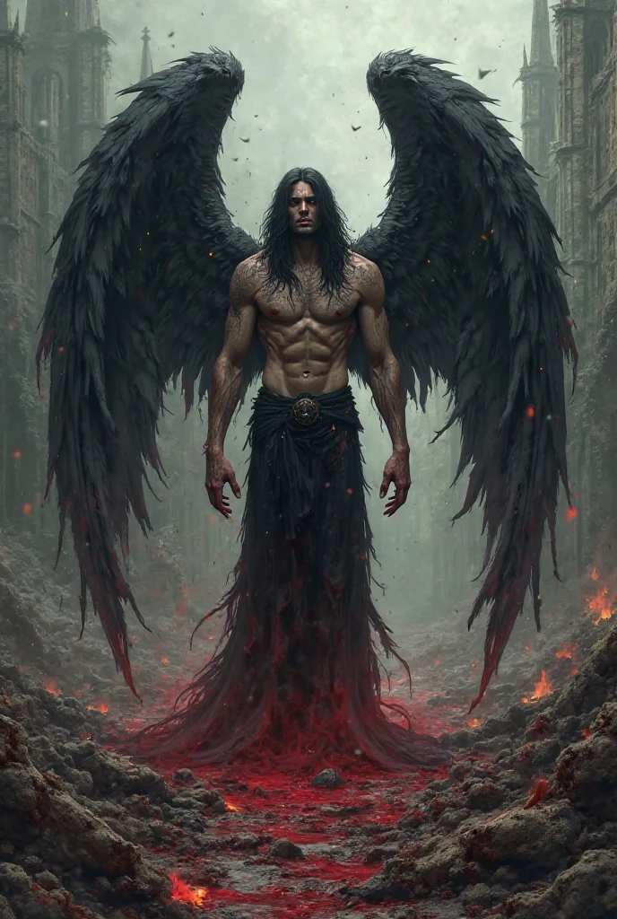 An angel who cannot fly because his bloody wings are chained