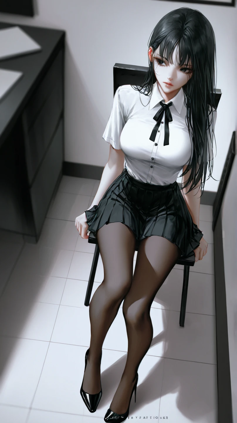 detailed, masterpiece, ultrahd, a girl walking, short black skirt, black skirt, skirt, wear office white shirt, button untie, wet shirt, well trained body, abs, stocking, long stocking, black long stocking til thigh, high heel. 8k