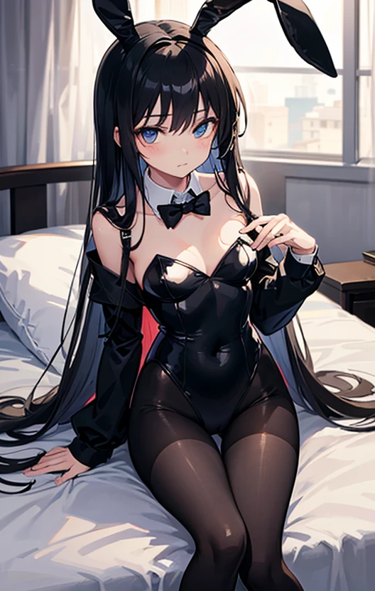 black hair,red eyes,masterpiece, best quality, photorealistic,bunny girl,nunny suit,bunny ears