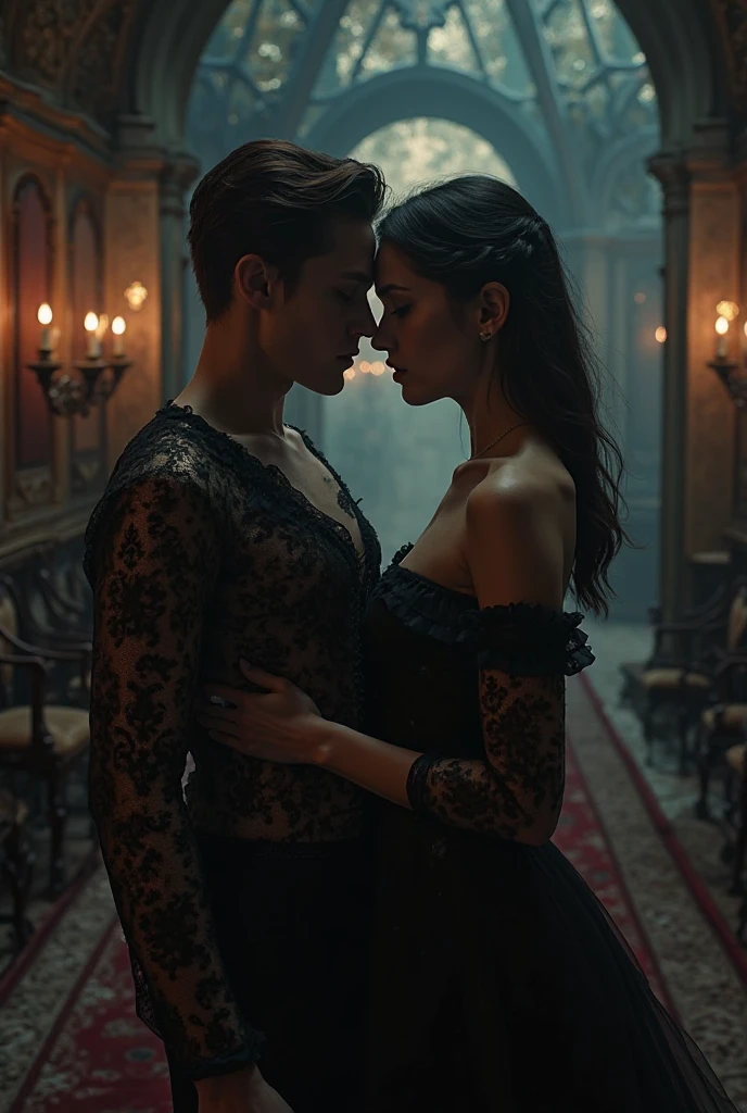 I want you to create some realistic images from the book POWERLESS, for example the scene of Peadyn Gray wanting to stick a dagger in Kai Azer's throat, who might be smiling. The image must convey chemistry and the characters must be in the castle. Also, its characteristics must be identical to those in the book..