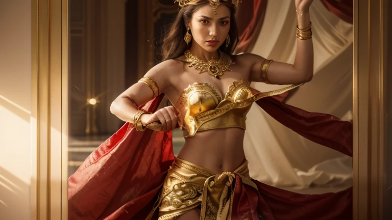 Majestic queen sitting at her throne, wearing gold bikini armor, high detail face, defined jawline, piercing gaze, intricately textured armor, golden highlights, radiant complexion, sensual curves, regal posture, opulent crown, throne of jewels and gold, luminous aura, ultra-high-definition, 4K, cinematic lighting, dramatic shadows, vibrant colors, inspired by Javier Navarrete's masterpiece.