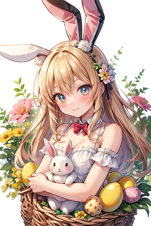 Illustration of a girl wearing rabbit ears, fluffy white costume, rabbit cosplayer, surrounded by flowers,