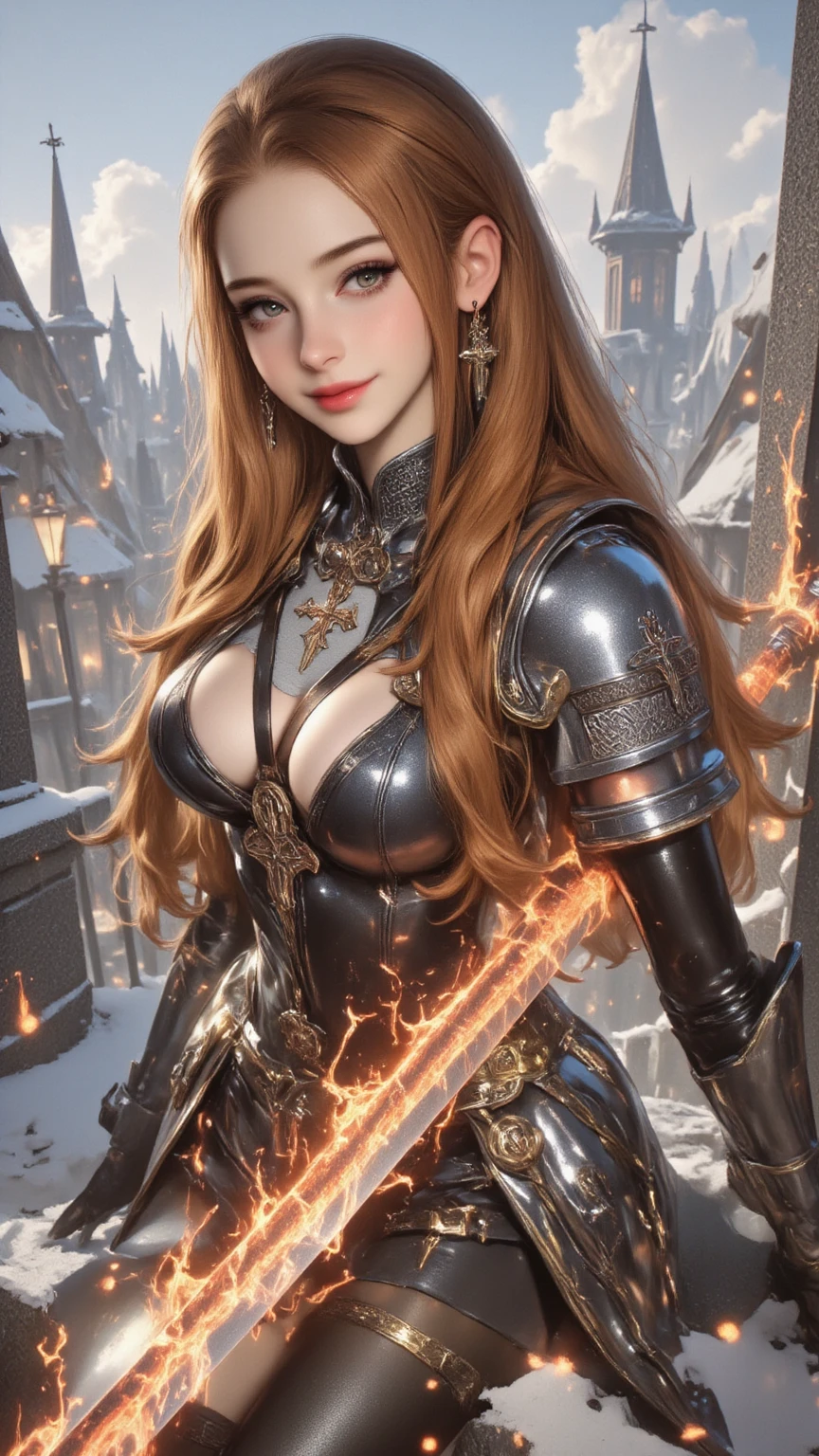 A woman warrior, medieval style, , with a black sexy dress,lingerie , she have a ice sword in a hand, a fire sword in the other hand, in background abandoned buildigns, blue eyes, perfect face, beautiful, lights reflects in her face, hdr, cinematic style, cold illumination, cinematic illuminated, ultra realistic, photography style. She is peacefully walking. Portrait close up, 50mm.
Black plate armour, she is a great warrior, the best on the reign, she is a perfect with your 2 sword.
Ice sword, and fire sword
She have a beautiful look, big eyes, and flecks in face, long redhead moving for the air, any bugs on the air. She have long and beautiful legs, and big breast.