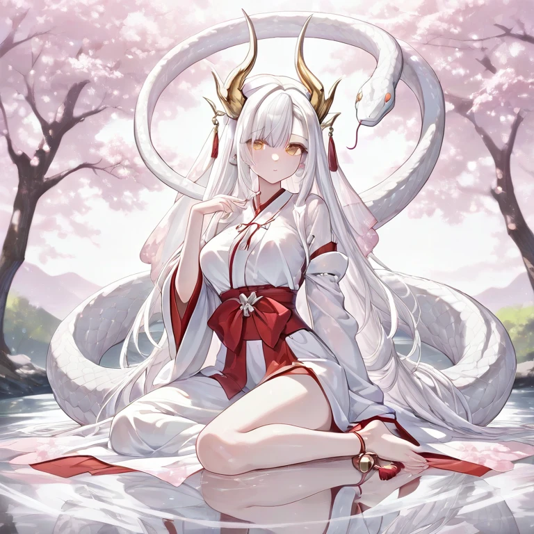 1 girl, cherry blossom dragon design, with muscles, white hair, with dragon horns, pink eyes, with braid on the right side, cherry blossom clothes, angry smile, scar on right cheek, bandages on the arms, full body, pink belt