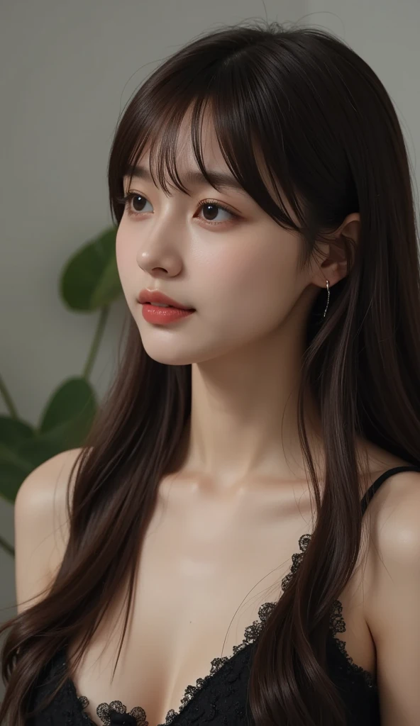 (Highly realistic photos, High resolution, Detailed face, Fine grain), ((Photographed in front of a white wall))、Japanese women, 20-year-old, A variety of expressions, alone:1, Slim figure, Various hairstyles, Casual clothing, 写真の中でalone、Selfie、Photographed in natural light、Simple Necklace、Spring Clothes、Looking at the camera、profile、Dark brown hair color、The chest is visible