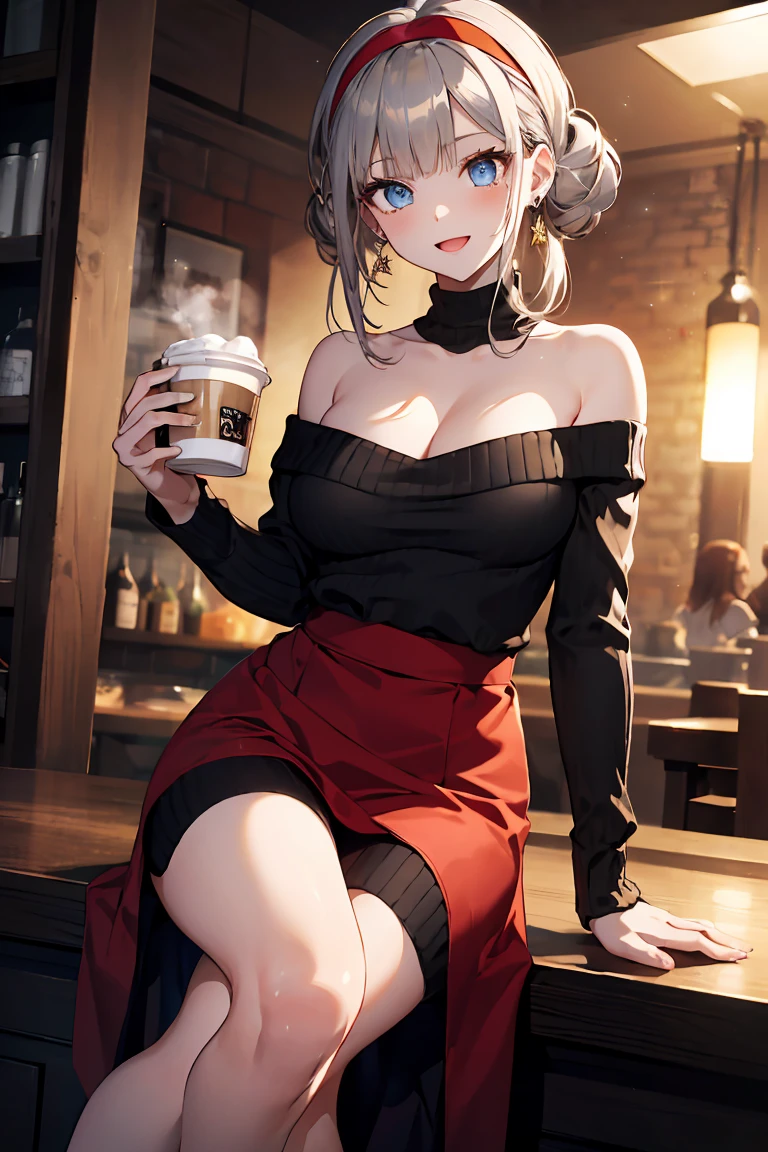 dentro de casa, retrato, a 25-year-old woman in profile holding a cup of coffee blowing smoke at her face, Cardigan de malha cropped preto com decote, bras:1, dark red short skirt with black checkered pattern, Black knee-length suede boots, apoiada com os brass em uma janela do escritório, bunda empinada doggystyle de perfil, corpo fitness, bunda grande, cabelos longos, cabelos brancos, seios grandes