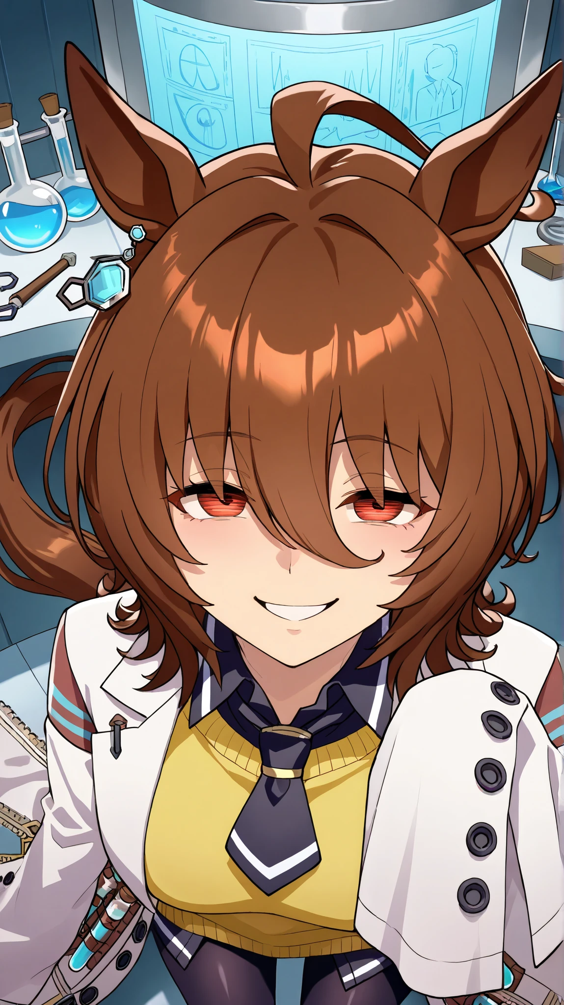 agnes tachyon,umamusume
High quality , best quality , masterpiece, High Resolution , detailed face( LoRA: agnes tachyon),anatomically correct, detailed hair(LoRA: agnes tachyon) ,detailed bangs(LoRA: agnes tachyon),anime coloring
solo, 1 girl,
agnes tachyon, horse ears, horse tail
labcoat, sleeves past fingers, yellow sweater, black necktie, pantyhose, single earring
close up , looking at viewer ,from above,upper body
Laboratory, flask, experimental tools ,
, smile,blash, excited, face, facepalm,