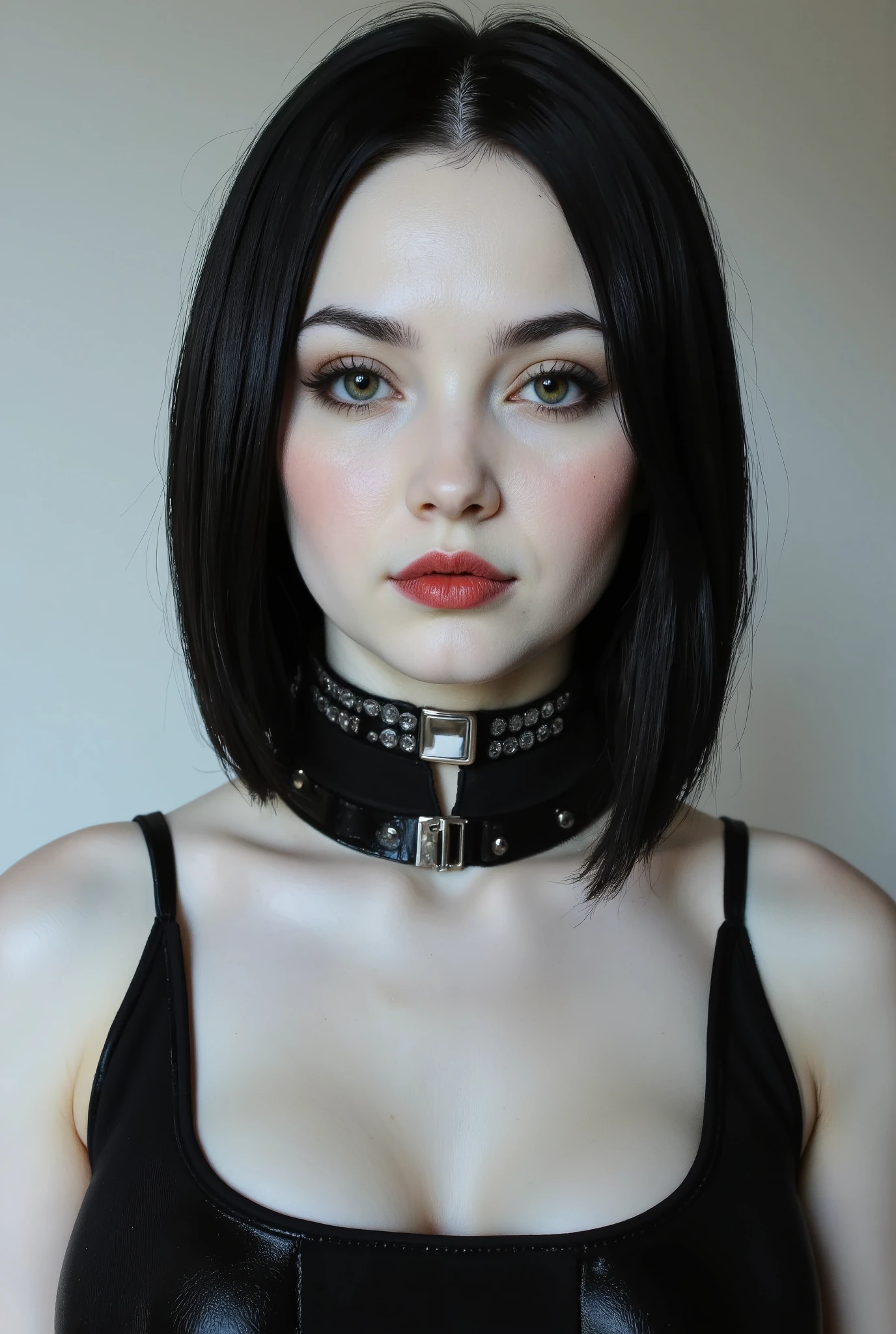 Sexy fembot, white porcelain skin, glossy skin, green eyes, red lips, eyeshadow, eyeliner, black wig, black cotton turtleneck piercing gaze fixed straight into the lens. Fembot is very feminine and alluring but also cruel, sadistic and dominating, as she's function is being dominatrix.