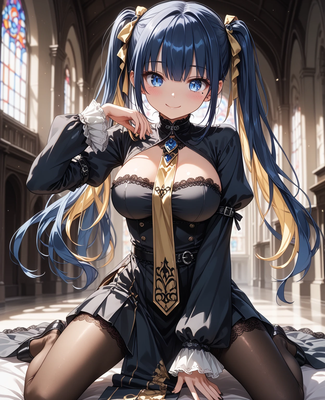 (masterpiece:1.2), (highest quality:1.2),, Curvy but slender body, adult woman、perfect eyes, perfect face,The exact number of fingers、Exact number of legs、Exact number of arms、bangs, perfect lighting, 1 girl,，（dark blue garter belt）、Nipple exposure、,breast milk、long nipples、big breasts、beautiful big breasts(erect nipples:1)、sexy look、restraints（ironwork）high socks、detailed outdoor background, compensate, eye shadow, thick eyelashes, fantasy, looking at the viewer, whole body、blue sky、bright and beautiful face、young and white shiny skin,、the best beauty、The most beautiful black hair in the world、thin hair、short hair（inwardly curled hair）、Shining beautiful Bangs、big blue eyes、the most beautiful girl in the world、Very detailed CG, (perfect hands, perfect anatomy),embarrassed look、sexy look、mouth half open、whole body、sexually excited look、16k、One earring in each ear、leaning forward