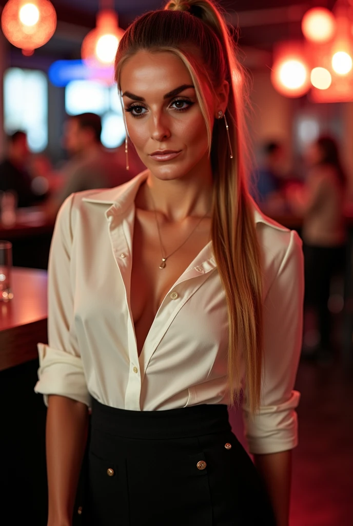 masterpiece, best quality, extremely detailed, hyperrealistic, photorealistic, a beautiful 20s french model, at bar, sitting a seat, fashion model posing, navy blazer:1.2, t-shirt, ultra detailed face, high ponytail, blonde hair, pale skin, busty breasts, laughing, eye closed