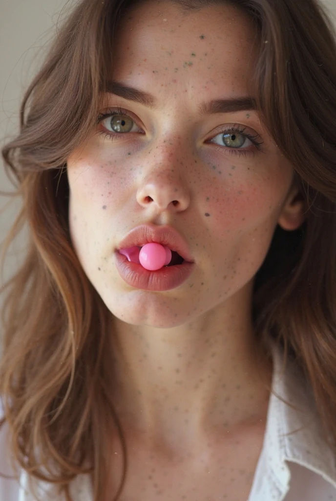photorealistic close up portrait of a beautiful young woman, in a large light pink t-shirt, licking wildly an ice cream lollipop, tongue out, photo, instagram content creator, dynamic pose, photo