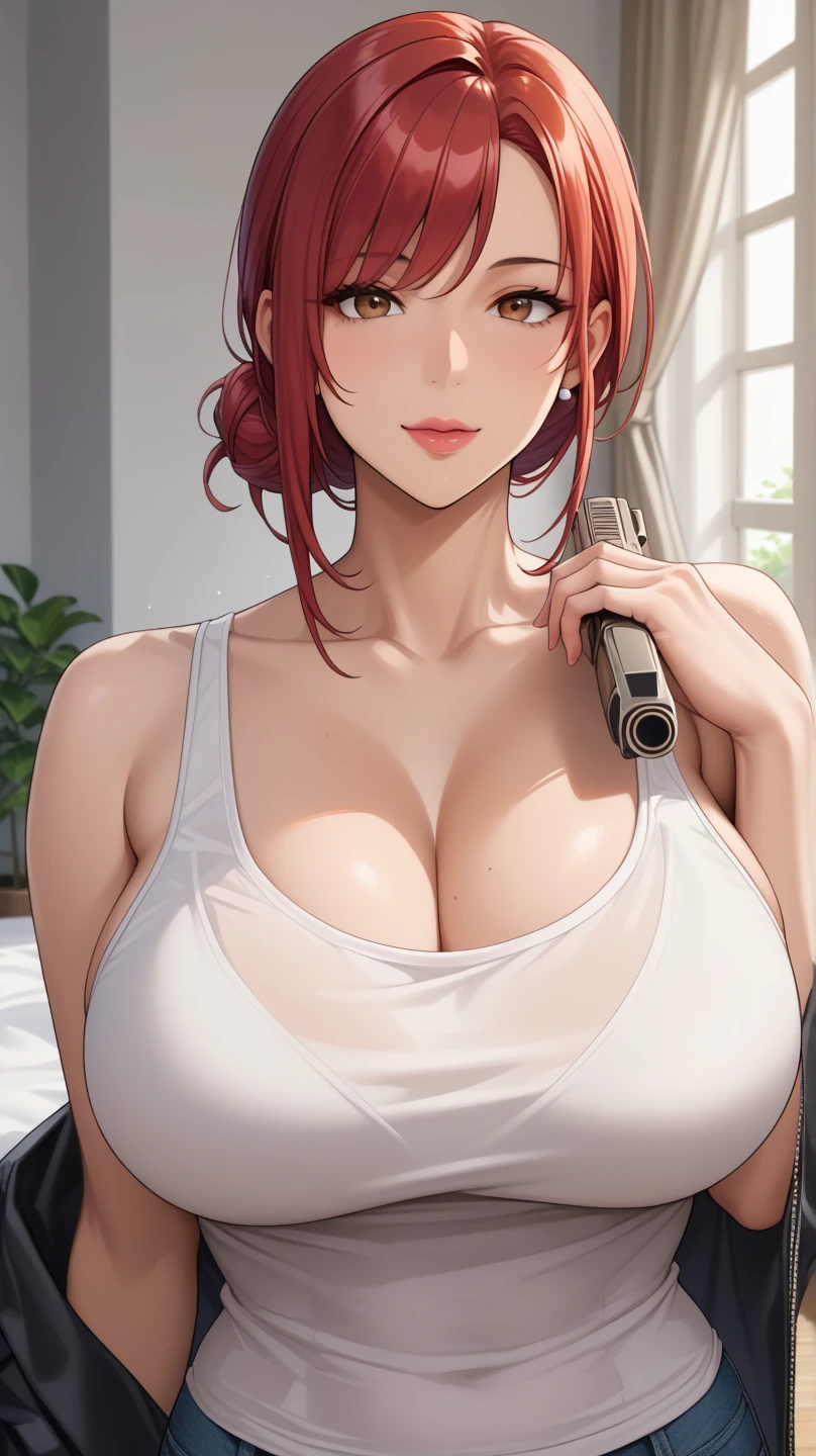(High resolution,realist:1.2),beautiful,beautiful mother , in a kitchen, mother in white dress, Big breasted mother, mother in red and sexy underwear, opens her shirt to show her bra, sad look with tears.
